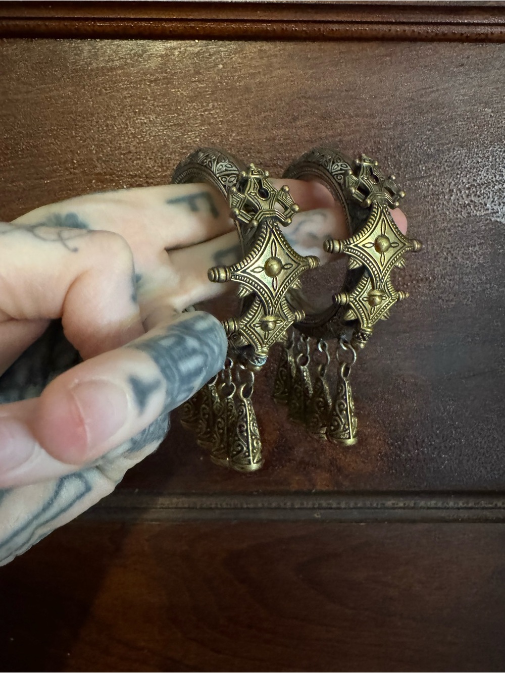 Antique-Style Brass Silver Hoop Earrings Ornate Cross Ear weights large gauge
